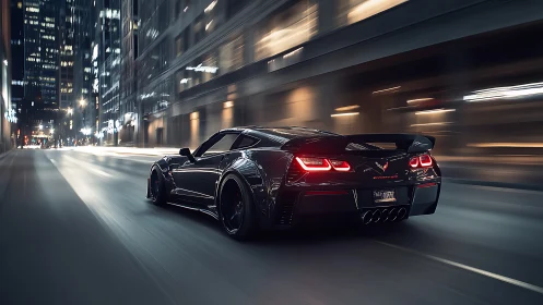 Photorealistic night tracking shot of supercar in motion blur.