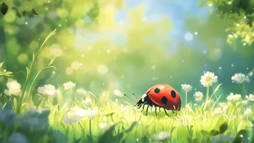 Ladybug wanders through sunlit meadow in gentle spring glow