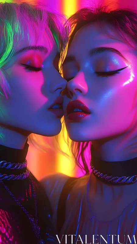 Two women pose in close profile under vivid neon lighting