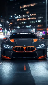 BMW sports coupe with neon orange trim on wet city street.