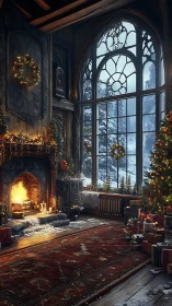Cozy snowy Christmas room glows with firelight and wonder