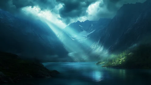 Mystic mountain fjord bathed in quiet stormlight glow.