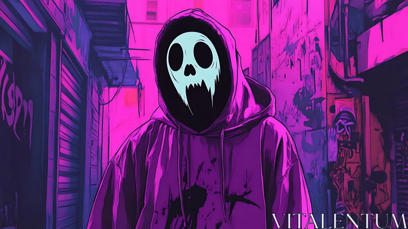 Hooded ghost figure in neon pink urban alleyway scene.