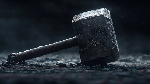 Storm-scarred hammer resting in quiet, mythic stillness.