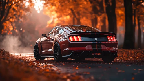 Red muscle car glows in an autumn forest roadway scene.