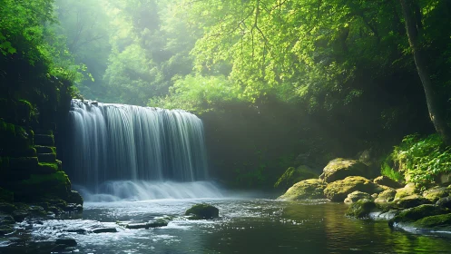 Serene Waterfall in Lush Forest with Sunbeams, Photorealistic Style.