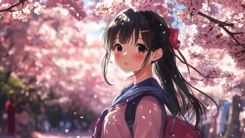 Schoolgirl pauses beneath glowing cherry blossoms in spring