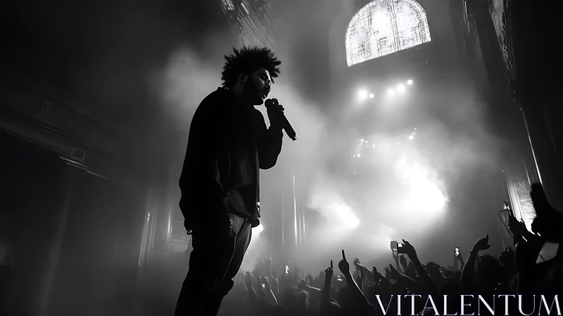 Backlit vocalist in volumetric haze at high-energy concert.