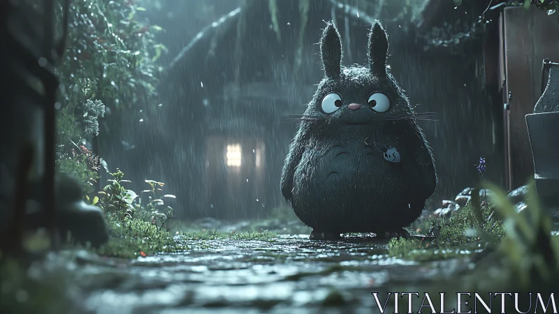 Rainy garden visitor with bright eyes and quiet wonder.