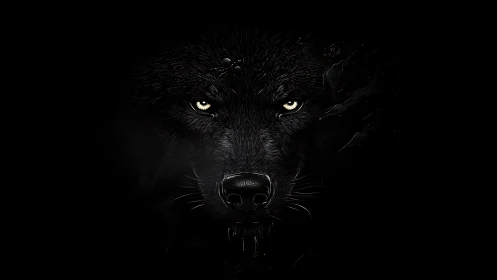 Midnight wolf visage emerging from shadowed void.