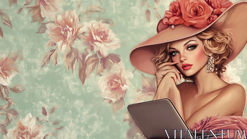 Woman in wide hat using laptop against floral background