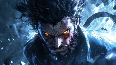 Intense bearded antihero with glowing eyes in battle scene.