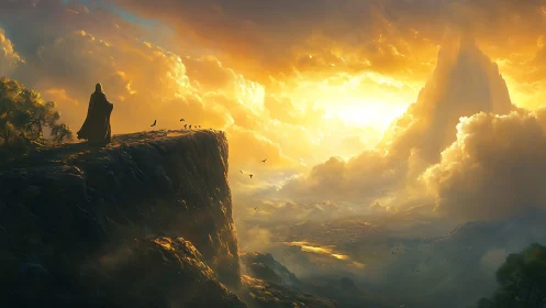 Cloaked wanderer overlooking radiant mountain sunrise.