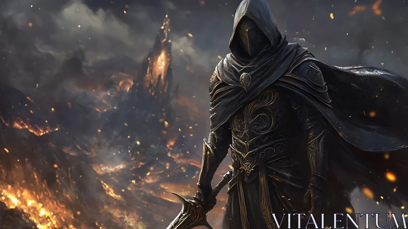 Hooded armored warrior stands in burning volcanic wasteland