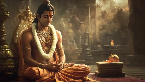 Serene royal ascetic in orange robes meditating in ornate temple hall