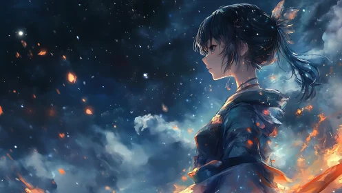 Celestial profile of blue haired girl amid embers and stars