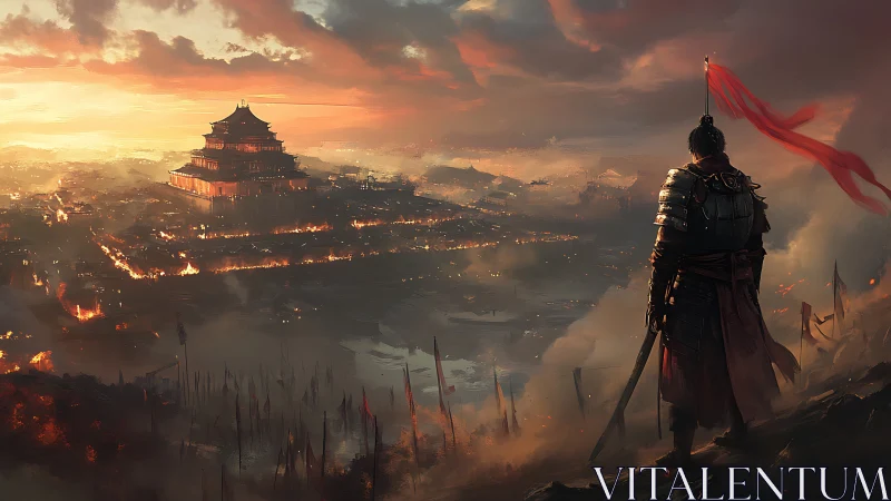 Cinematic digital painting of lone samurai over burning citadel.
