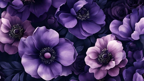 Purple Anemone Floral Composition with Dramatic Dark Background.