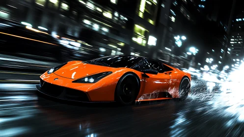 Orange supercar cuts through wet neon city street at speed