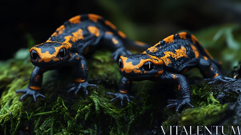 Bright salamander duo exploring a soft mossy forest home.