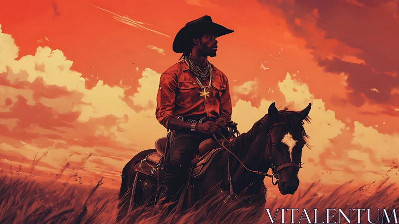 Stormlit cowboy rides ember skies on midnight horse.