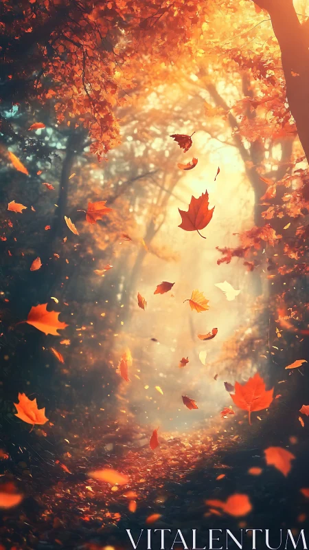 Autumn leaves spiral through luminous backlit forest corridor