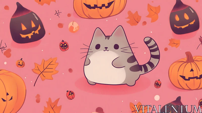 Anthropomorphic Cat with Jack-o'-Lanterns on Blush Compositional Field
