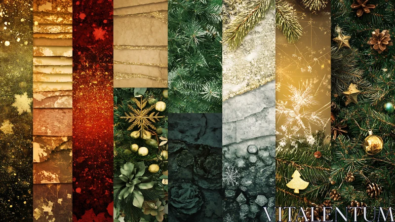 Layered festive textures with gold, greenery, paper and ice bands.