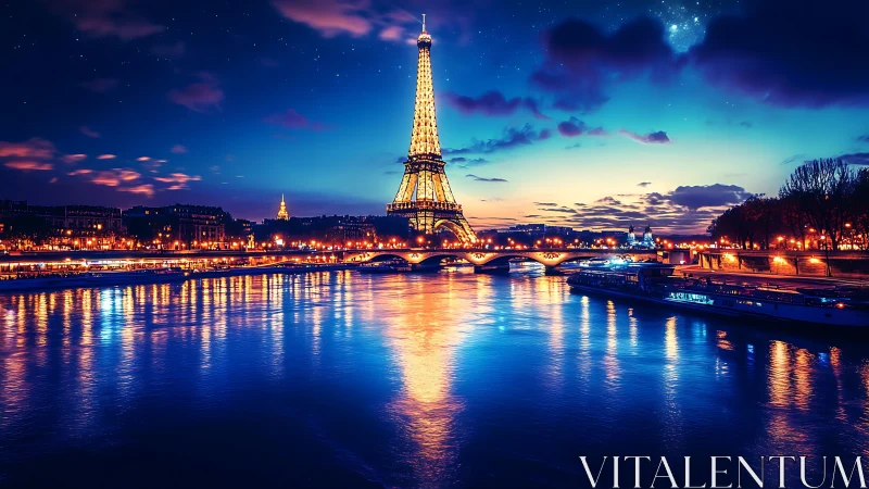 Nocturnal Paris skyline with illuminated tower and river reflections.