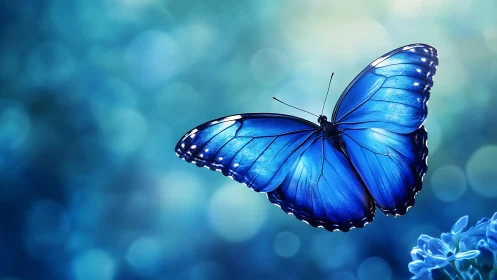 Iridescent blue butterfly in luminous bokeh atmosphere.