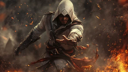 Hooded rogue storms through firelit chaos in fierce motion.