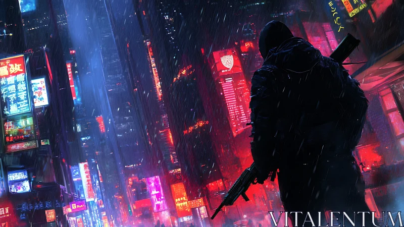 Armed silhouette surveys neon-soaked cyberpunk city street at night