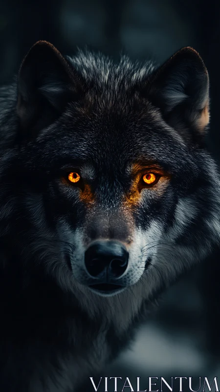 Ember-eyed wolf studies the hush of a snowlit forest night