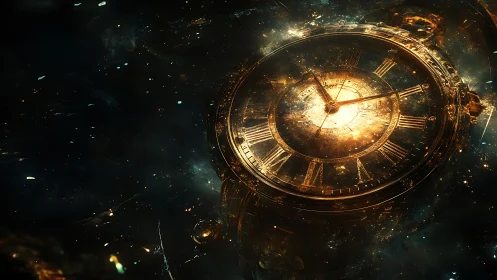 Celestial chronometer suspended in luminous stellar void.