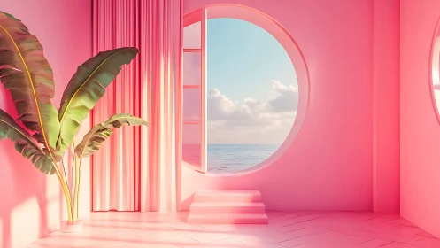 Digital pastel interior with circular ocean viewport and flora.