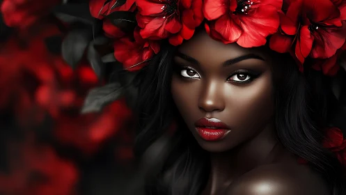 Radiant woman in red flowers with a soft, soulful gaze.