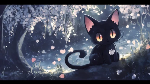 Nocturnal black cat under cherry blossoms rendered in soft light