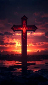 Molten crucifix rises like a burning pillar at twilight