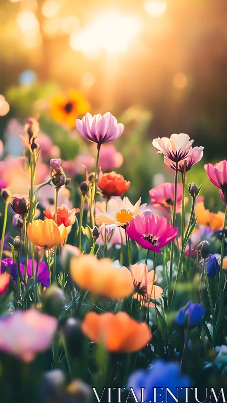 Vibrant wildflower meadow bathed in golden sunset glow.