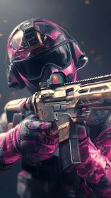 Armored operative in pink tactical gear holding rifle.