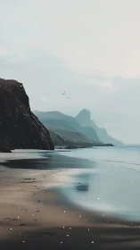 Quiet rocky coastline with misty sea cliffs at dusk.