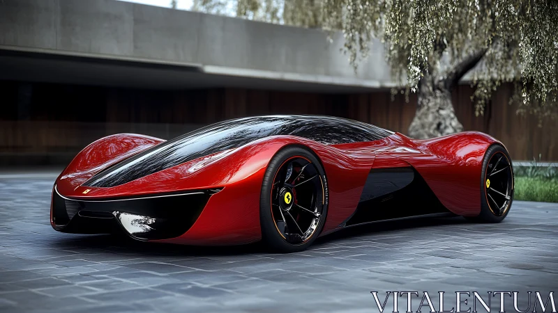 Crimson hypercar sculpture glides low against modern villa.