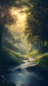 Stream flowing through forest canopy with golden light penetration