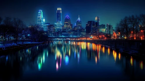 Neon city skyline reflected in calm river at night.