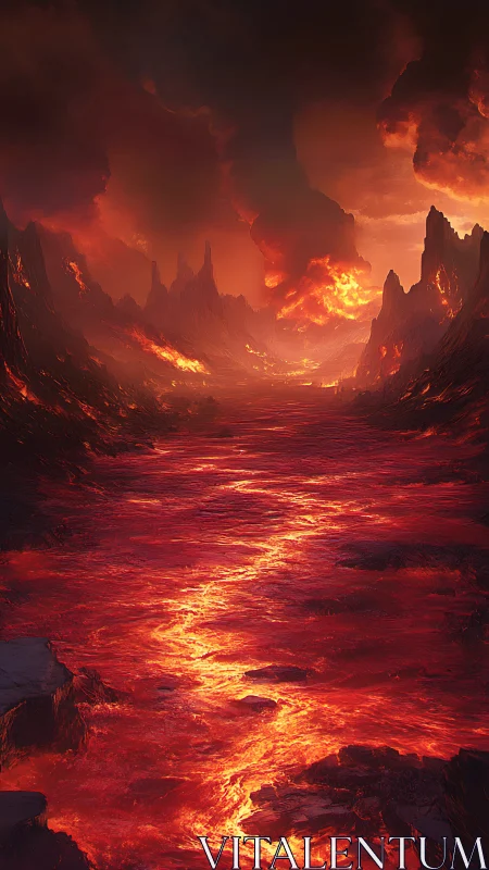 Infernal Lava Canyon: Molten River Through Jagged Volcanic Terrain