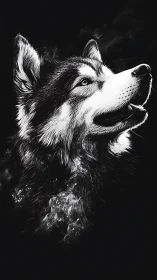 Monochrome husky portrait with luminous fur detail.