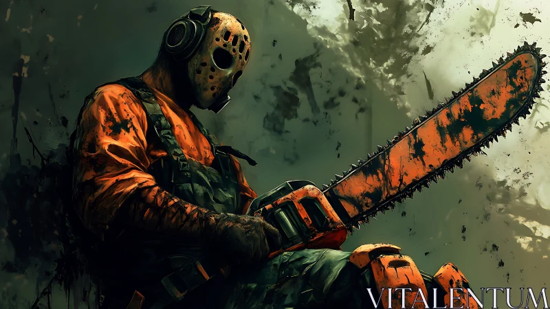 Stormy masked worker holds a battered orange chainsaw ready