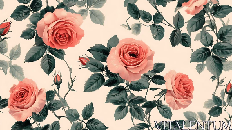 Coral Roses with Dark Foliage in Classical Botanical Composition