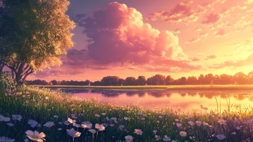 Sunlit riverside meadow under glowing pastel sunset sky.