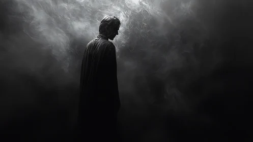 Solitary cloaked figure in high-contrast fog-dense backlight